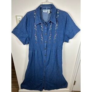 The Vermont Country Store Denim Dress 1X Blue Floral Embroidered Pintuck Cottage